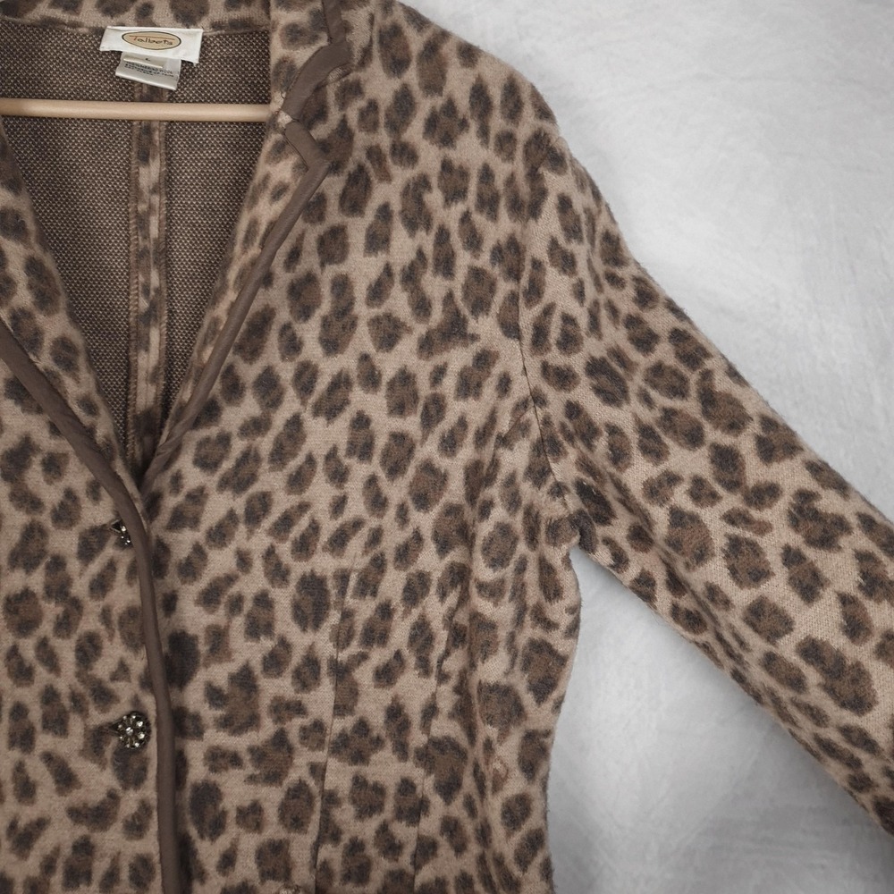 Vintage Leopard Print Blazer Womens Large Brown 100% Merino Wool Jacket Mob Wife